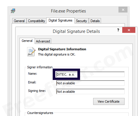 Screenshot of the DITEC, a.s. certificate